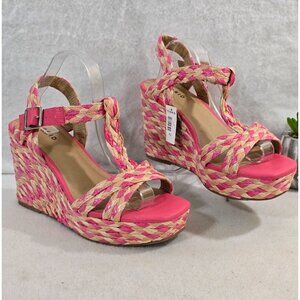 Torrid Womens Pink T Strap Platform Raffia Wedge Heels Sandals Size 9.5 WW NWT